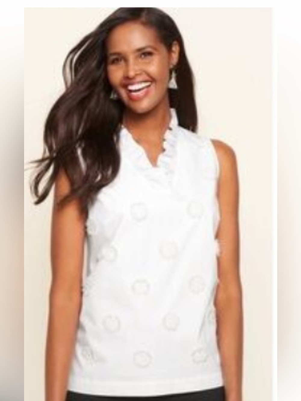 Talbots White Sleeveless Embroidered Ruffle V-Neck Top